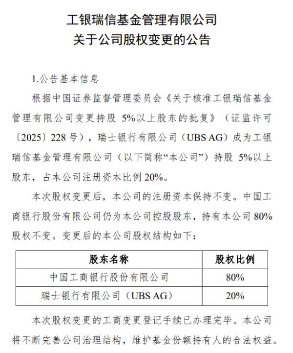 贵盈配资 瑞银正式接棒工银瑞信20%股权，外资布局中国市场再加速